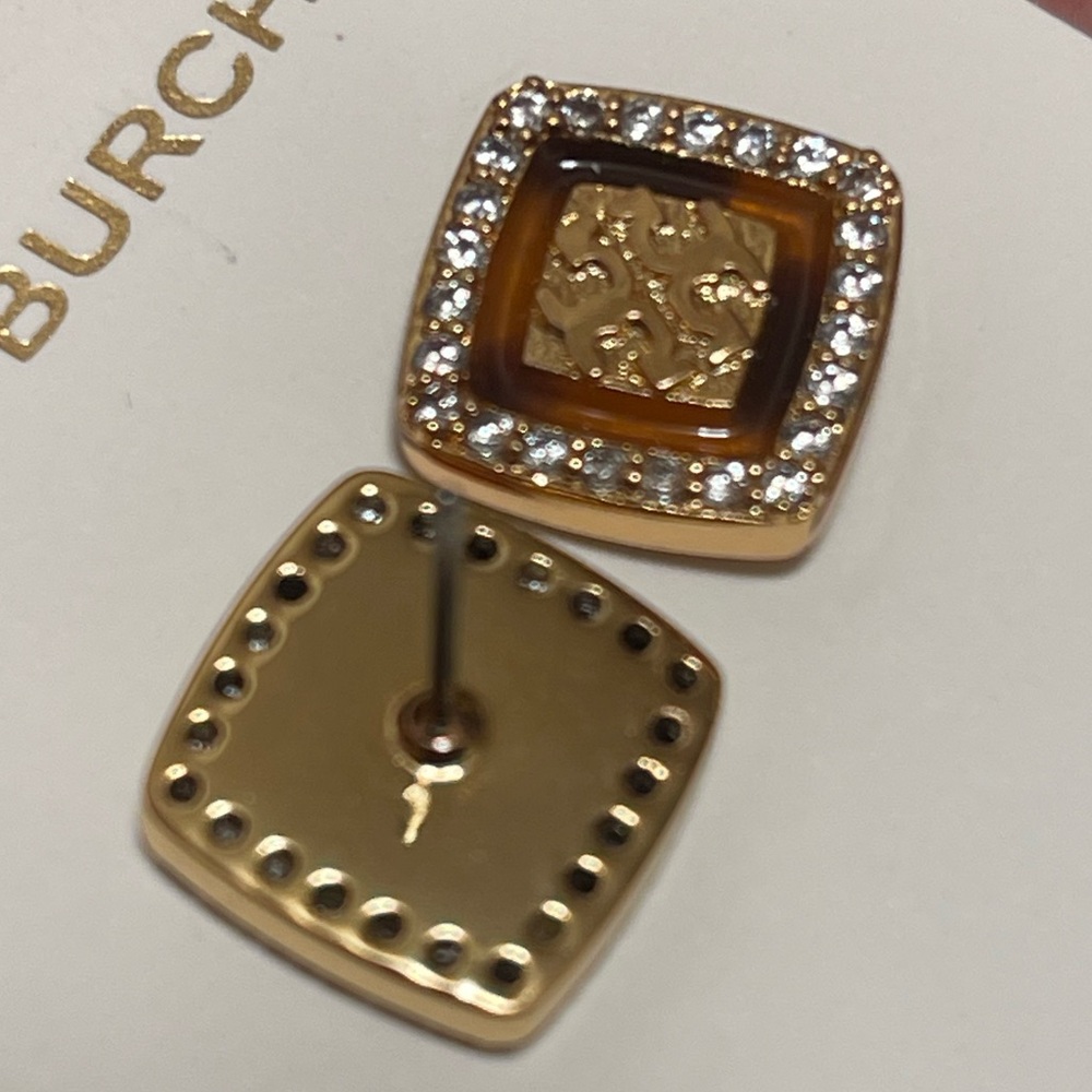 Tory Burch tortoise crystal McCoyLogo stud earrings - Picture 6 of 7